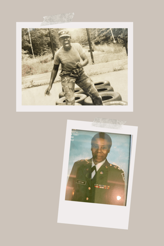 Audrey Sutton collage of military headshot and action pic