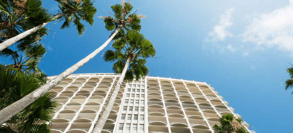 beach condo with palm trees view from the ground up